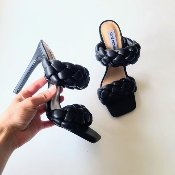Steve Madden 'Kenley' Chunky Black Braided Leather Sandal Stiletto Heels Size 7 - Picture 9 of 14